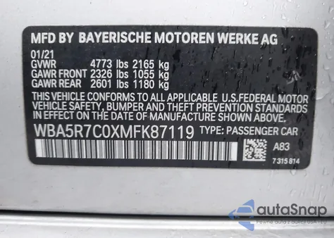 2021 BMW 330I xDrive z USA, uszkodzony, nr VIN WBA5R7C0XMFK87119